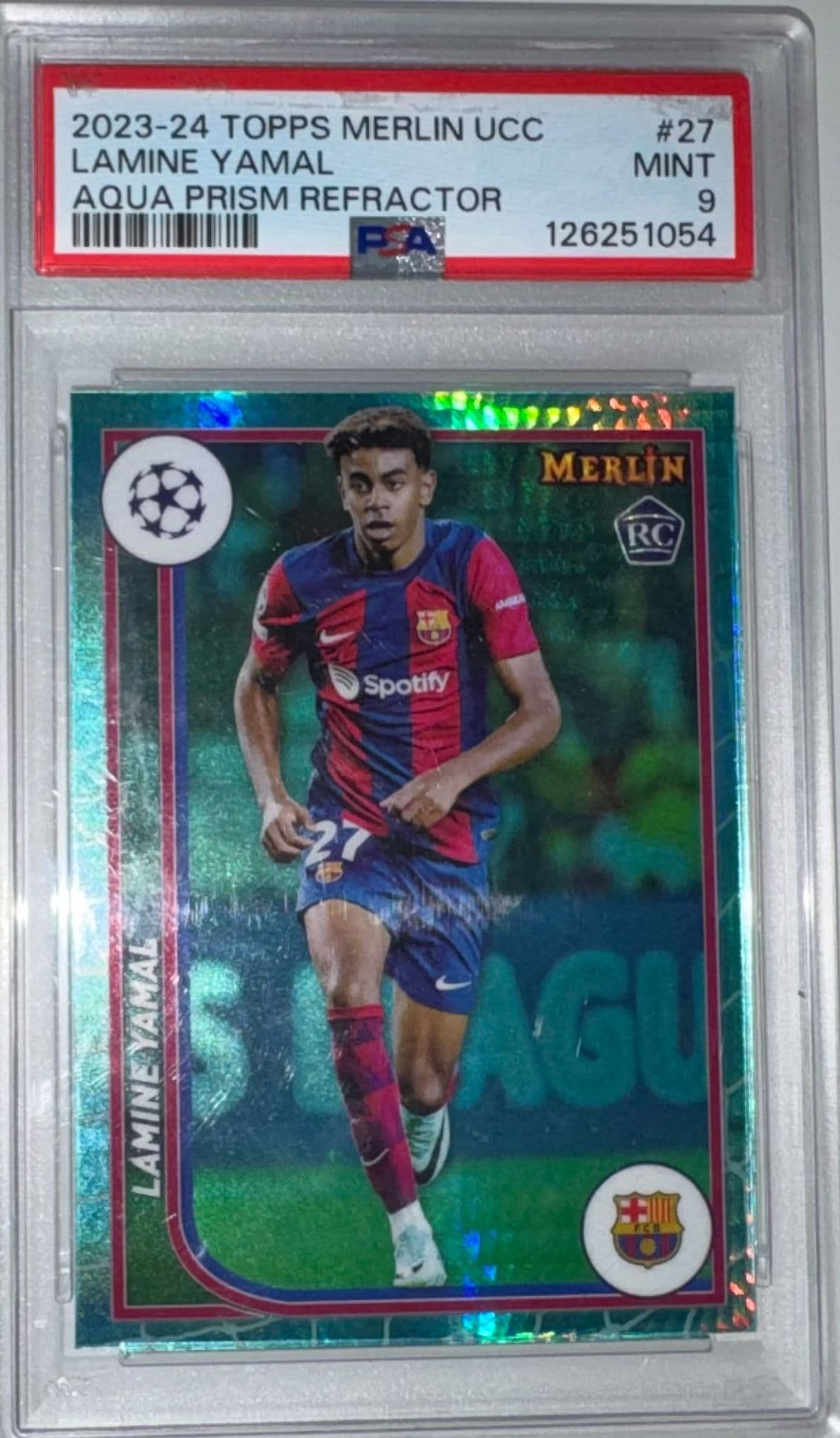 2023-24 Topps Merlin UCC Aqua Prism Refractor #27 Lamine Yamal Rookie Card (RC) PSA 9